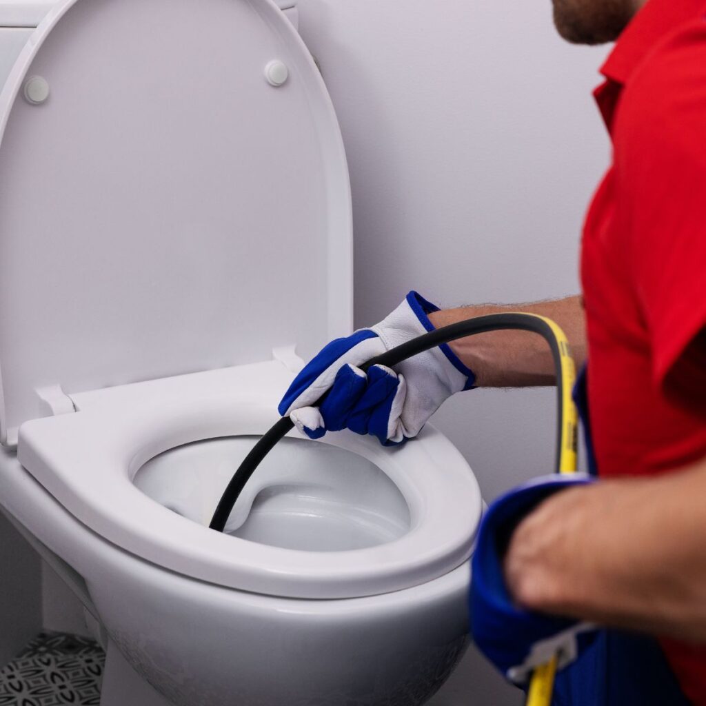plumber wearing blue and white gloves using a hydrojetting tool to clear a toilet drain