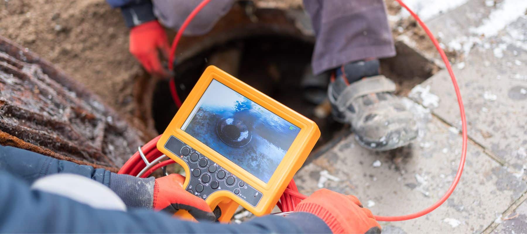 closeup of a camera screen while plumbers perform a camera inspection in a sewer line