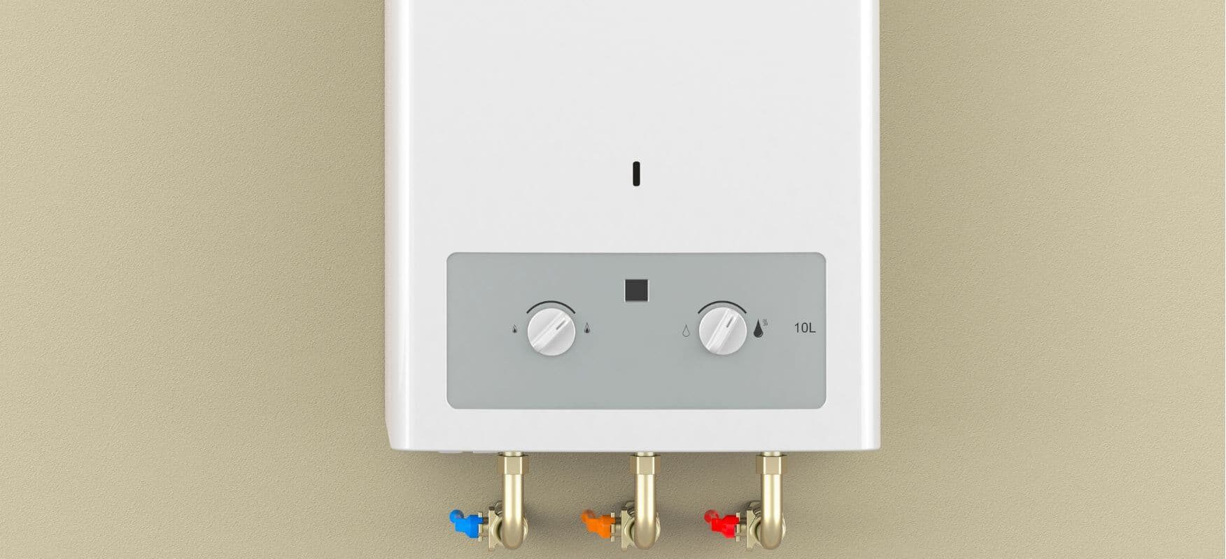 close up of white tankless water heater installed on a beige wall