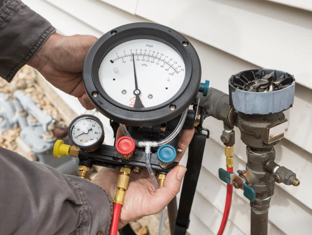 A technician's hand holding a pressure gauge device near an outdoor gas meter setup on the side of a house. The gauge shows the pressure reading and is connected to various hoses and fittings, indicating a gas line inspection or maintenance work. The background includes gravel and part of the house's exterior wall, suggesting an outdoor work environment