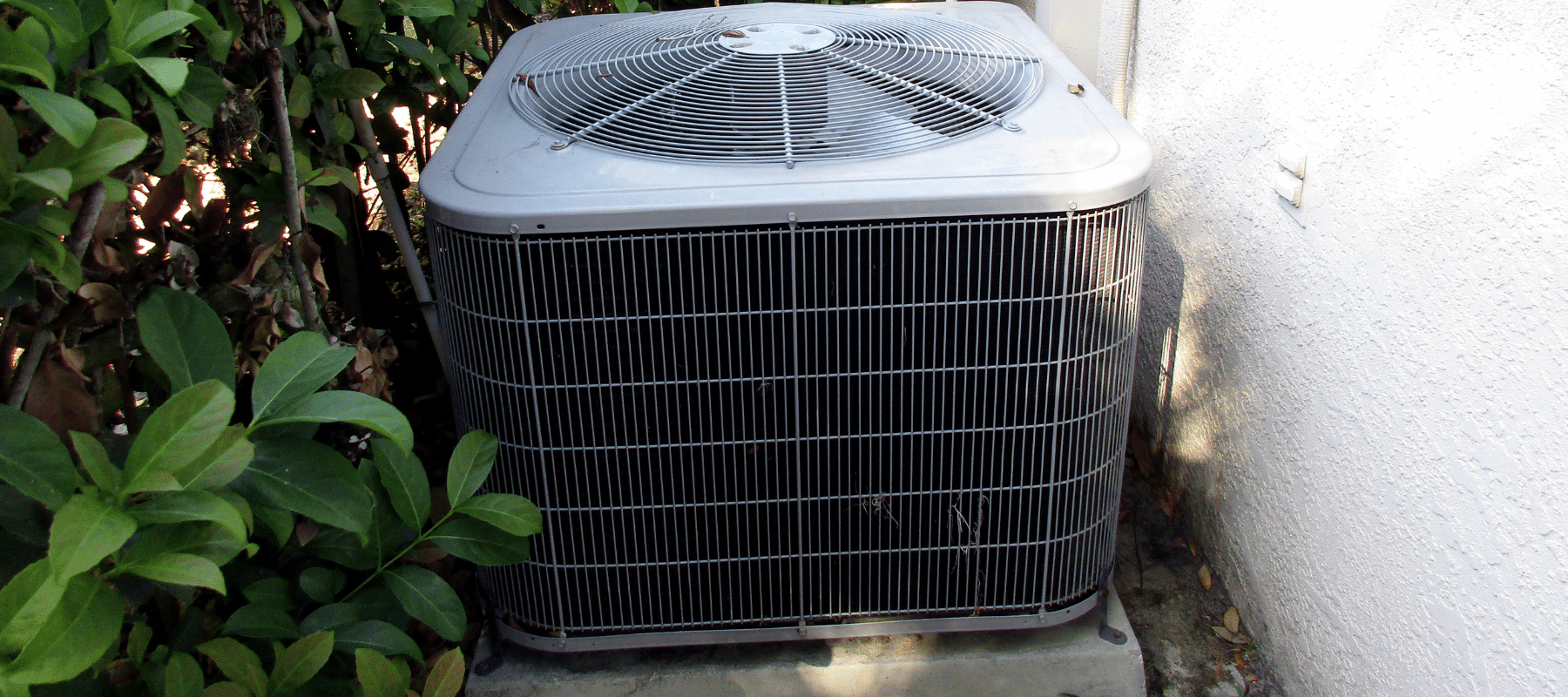 An outdoor air conditioning unit placed near green shrubs, partially concealed by surrounding vegetation