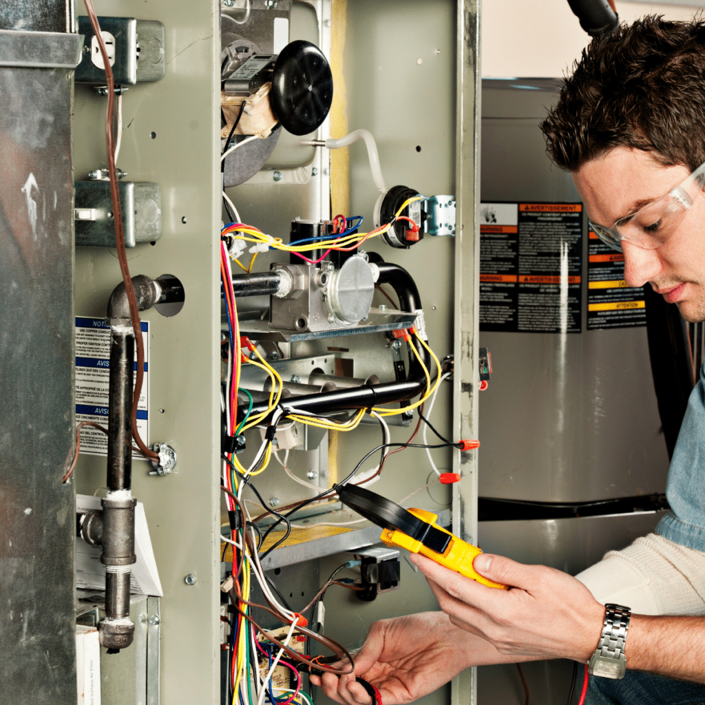 Technician using a multimeter to test wiring and connections inside an HVAC system