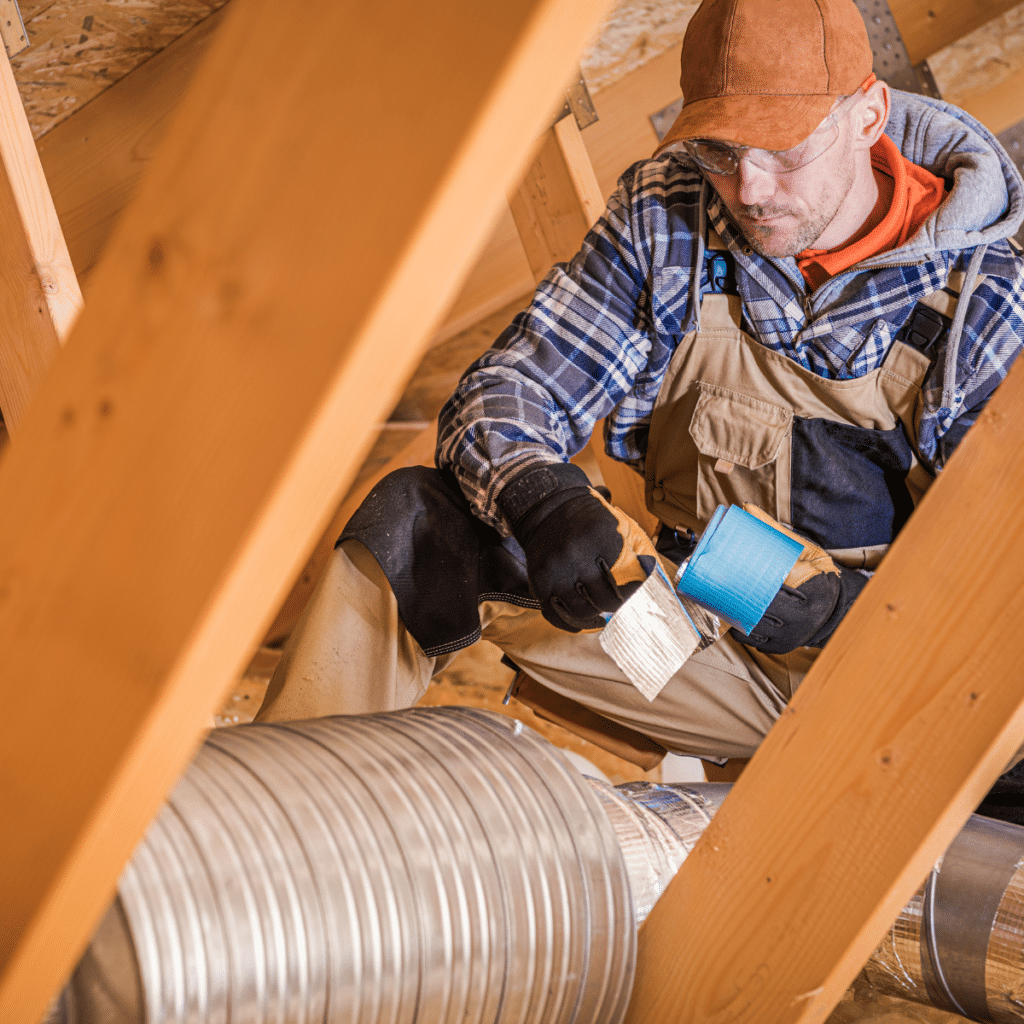 Technician sealing air ducts in an attic with insulation and reflective tape for improved efficiency