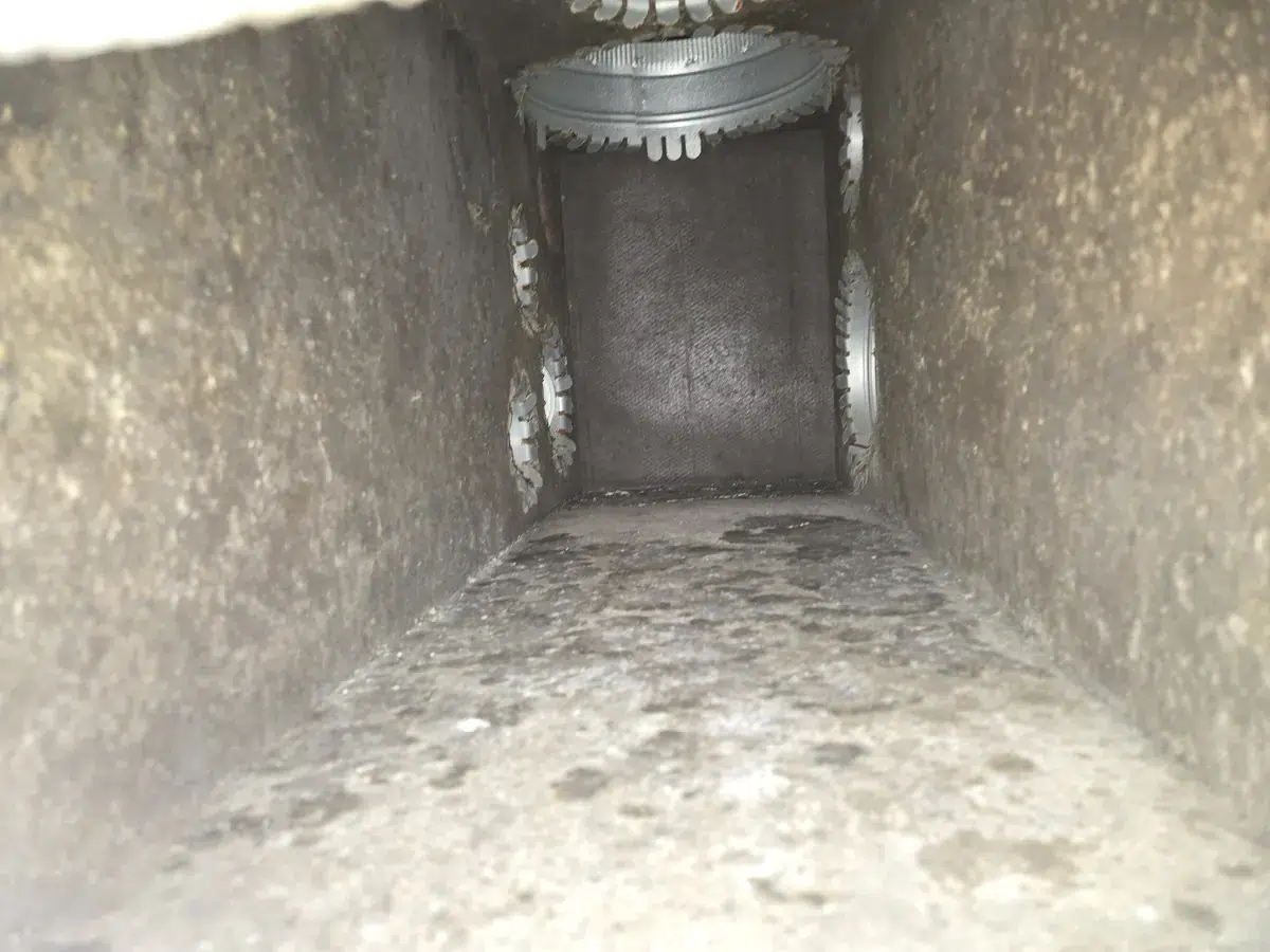 Dust buildup lining a residential supply duct trunk and takeoffs